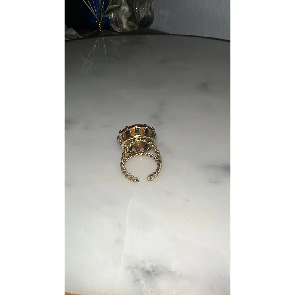 Vintage Ring Signed W Germany Red Glass Brass Twisted Metal Braided West Germany - Picture 7 of 10